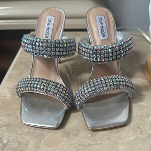 Steve Madden Silver Crystal-Embellished Strappy Heels